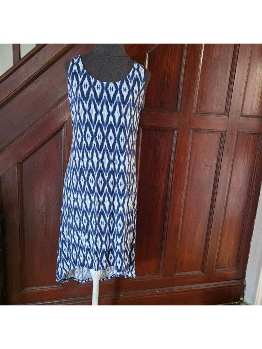 Saturday Blue & White Sleeveless High-Low Hem Ikat Print Dress - Size S